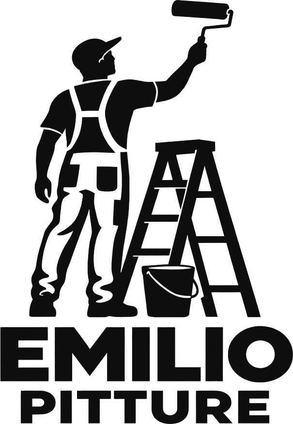 Emilio Pitture logo: a painter with a roller next to a ladder and a paint bucket